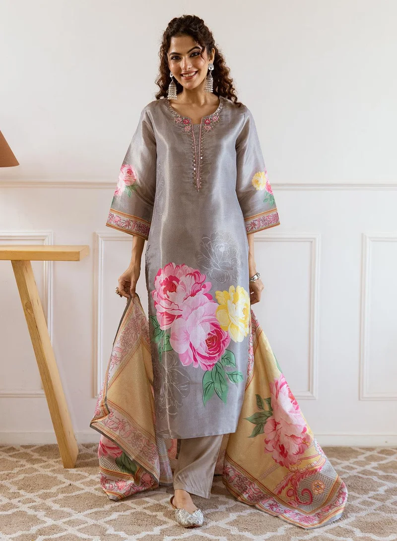 ISHIN Women's Grey 100% Cotton Printed Straight Fit Kurta Set