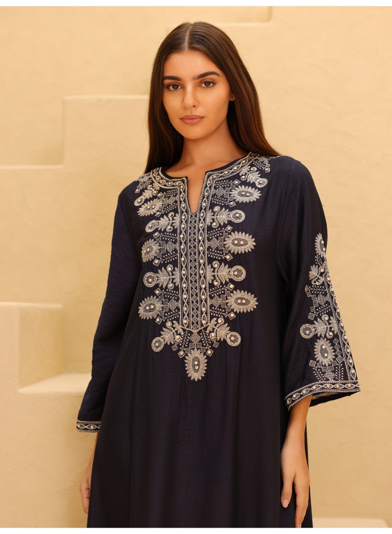 IKKXA Solid Casual Jalabiya Embroidery Details on Front and Sides IK4023 Blue - Image 2