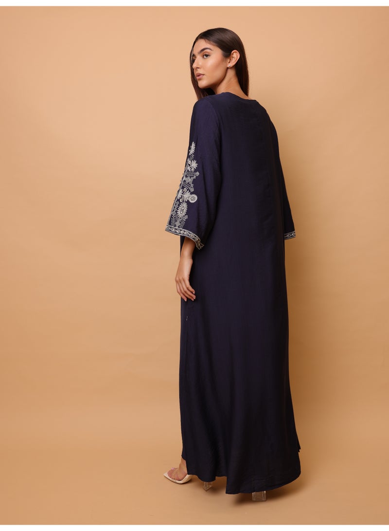 IKKXA Solid Casual Jalabiya Embroidery Details on Front and Sides IK4023 Blue - Image 4