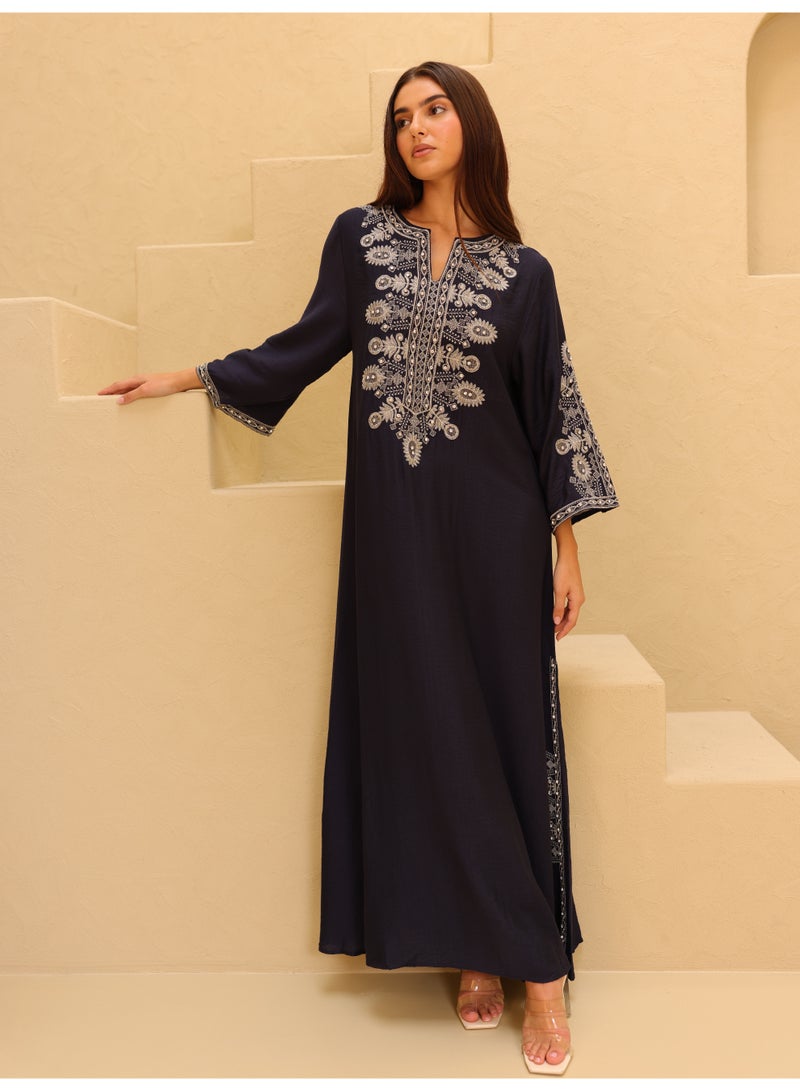 IKKXA Solid Casual Jalabiya Embroidery Details on Front and Sides IK4023 Blue - Image 1