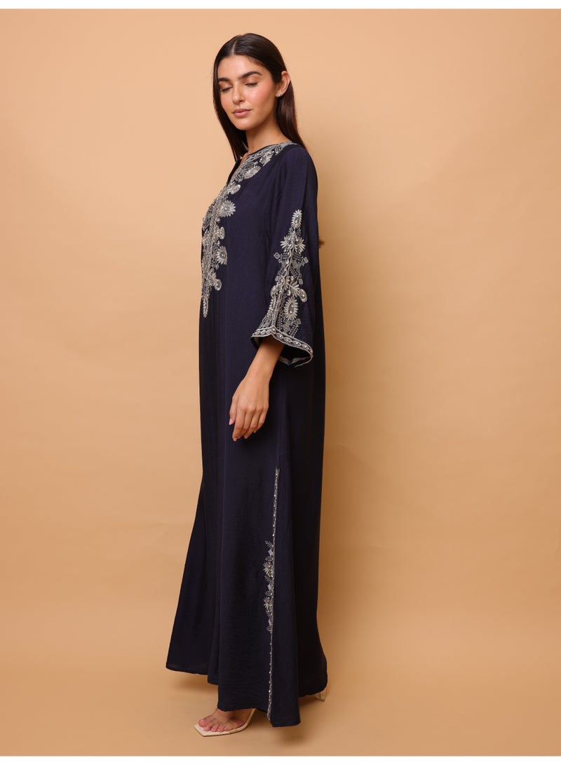 IKKXA Solid Casual Jalabiya Embroidery Details on Front and Sides IK4023 Blue - Image 3