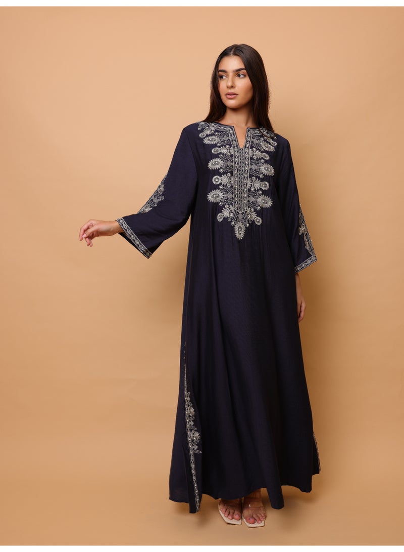 IKKXA Solid Casual Jalabiya Embroidery Details on Front and Sides IK4023 Blue - Image 5