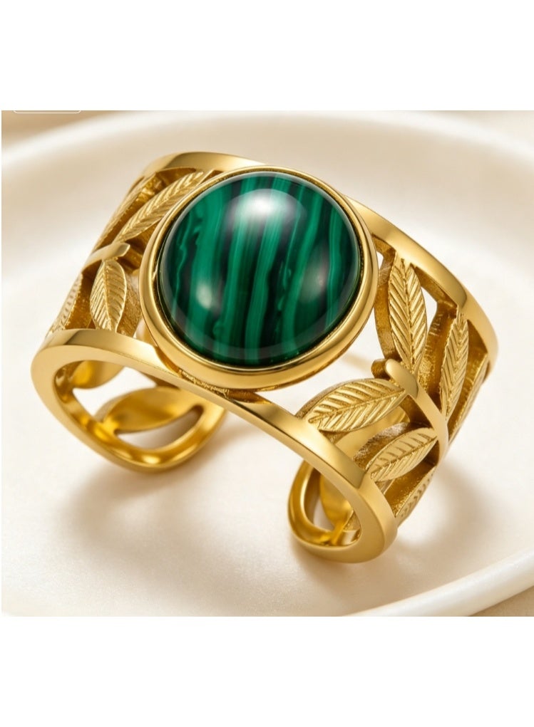 LATEEN 18K Gold Plated Stainless Steel Malachite Open Ring with Luxury LED Light Gift Box, High-End Leaf Textured Statement Jewelry for Men & Women - Image 2