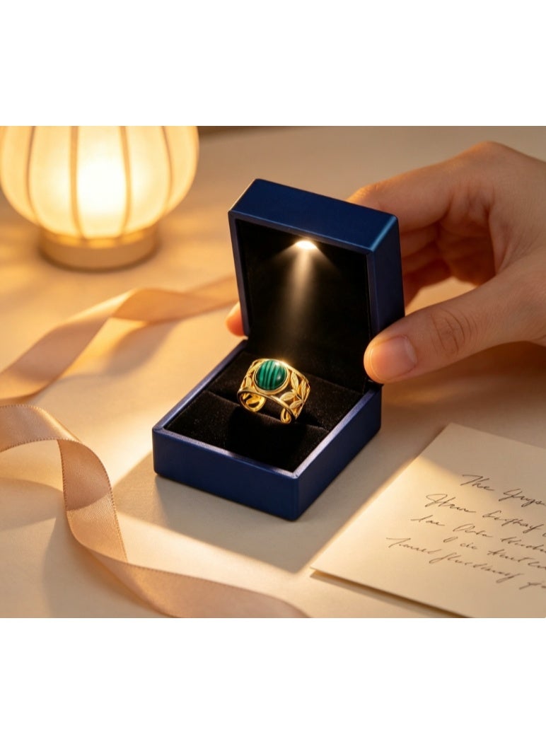 LATEEN 18K Gold Plated Stainless Steel Malachite Open Ring with Luxury LED Light Gift Box, High-End Leaf Textured Statement Jewelry for Men & Women - Image 4