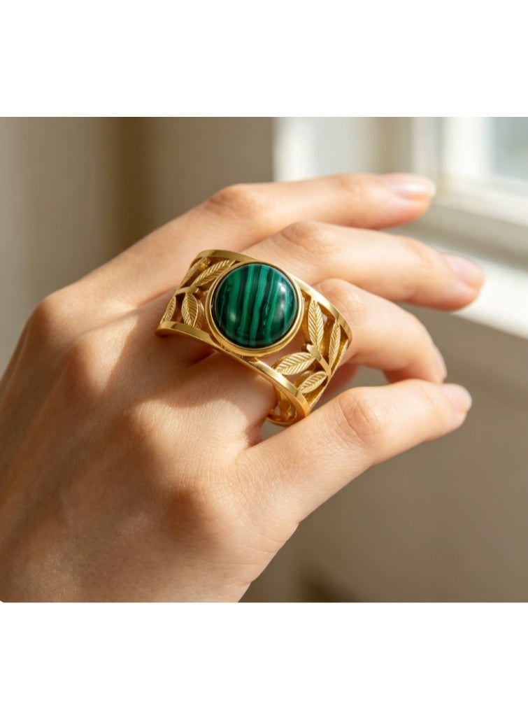 LATEEN 18K Gold Plated Stainless Steel Malachite Open Ring with Luxury LED Light Gift Box, High-End Leaf Textured Statement Jewelry for Men & Women - Image 5