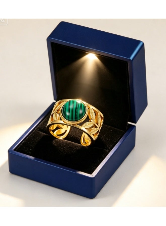 LATEEN 18K Gold Plated Stainless Steel Malachite Open Ring with Luxury LED Light Gift Box, High-End Leaf Textured Statement Jewelry for Men & Women - Image 1