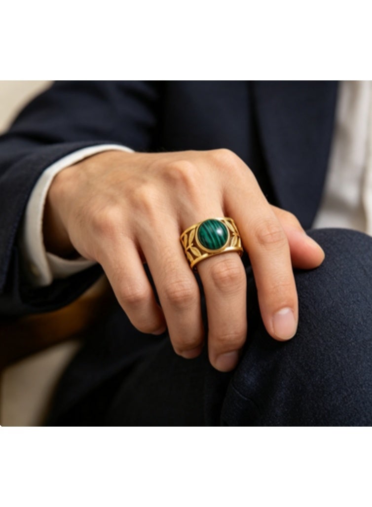 LATEEN 18K Gold Plated Stainless Steel Malachite Open Ring with Luxury LED Light Gift Box, High-End Leaf Textured Statement Jewelry for Men & Women - Image 3