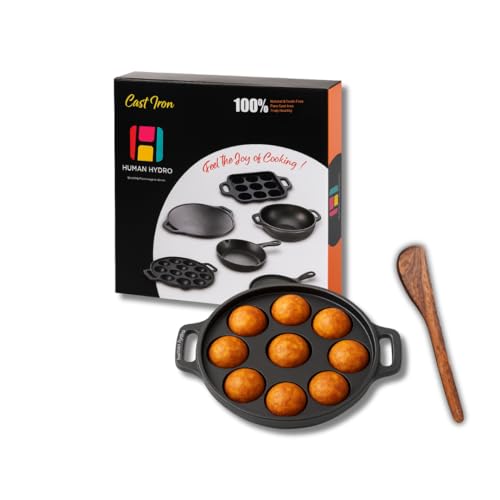 Human Hydro Pre-Seasoned Cast Iron 9 Pit Paniyaram Pan (23CM, 2KG) with Wooden Spatula | Naturally Nonstick & Toxin-Free | Gas & Induction Compatible | for Appam, Paddu & Kuzhi Paniyaram - Image 1