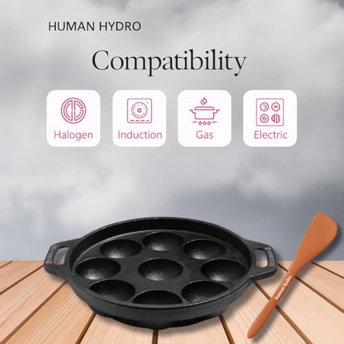 Human Hydro Pre-Seasoned Cast Iron 9 Pit Paniyaram Pan (23CM, 2KG) with Wooden Spatula | Naturally Nonstick & Toxin-Free | Gas & Induction Compatible | for Appam, Paddu & Kuzhi Paniyaram - Image 3