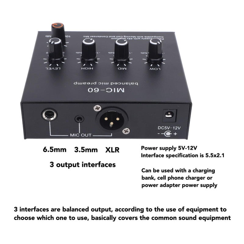 مضخم ميكروفون XLR ثلاثي القنوات بجهد 48 فولت مع كسب من 10 ديسيبل إلى 60 ديسيبل للتسجيل والبث المباشر - Image 5