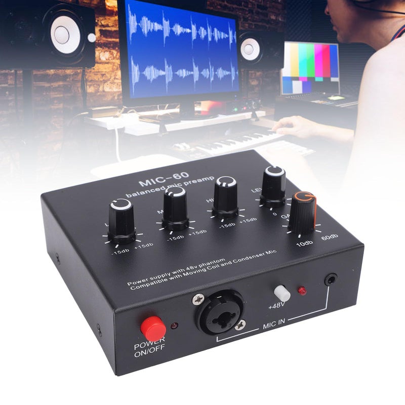 مضخم ميكروفون XLR ثلاثي القنوات بجهد 48 فولت مع كسب من 10 ديسيبل إلى 60 ديسيبل للتسجيل والبث المباشر - Image 3