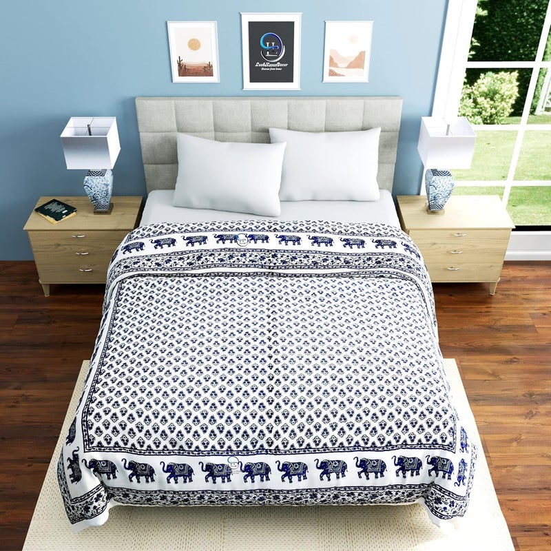 AUROSTYLE 400 Gsm Jaipuri Hand Block And Elephant Screen Printed Summer And Winter Cotton Double Bed Quilt Razai King Size 90 X 105 Inch Double Bed Design 4 Lightweight Multicolor - Image 5