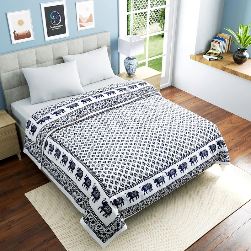 AUROSTYLE 400 Gsm Jaipuri Hand Block And Elephant Screen Printed Summer And Winter Cotton Double Bed Quilt Razai King Size 90 X 105 Inch Double Bed Design 4 Lightweight Multicolor - Image 4