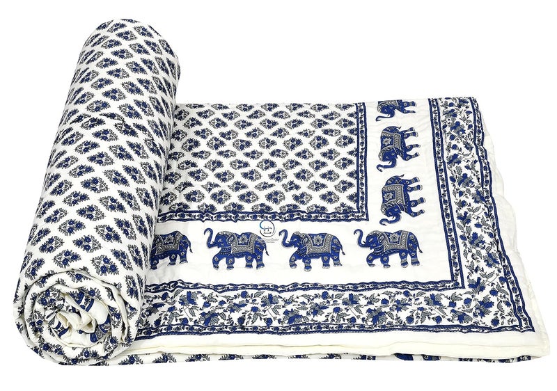 AUROSTYLE 400 Gsm Jaipuri Hand Block And Elephant Screen Printed Summer And Winter Cotton Double Bed Quilt Razai King Size 90 X 105 Inch Double Bed Design 4 Lightweight Multicolor - Image 3