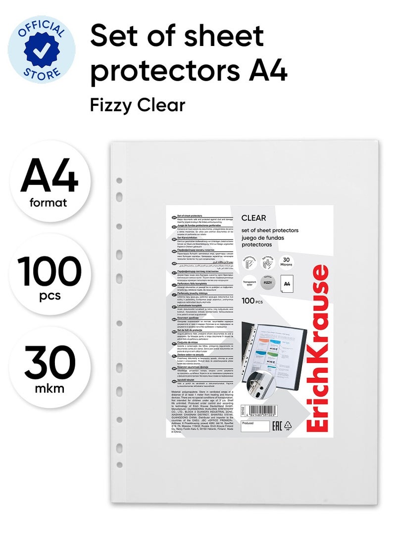 ErichKrause Set of sheet protectors Fizzy Clear, 30 mcm, A4, transparent (100 pcs in a bag)  - Image 1