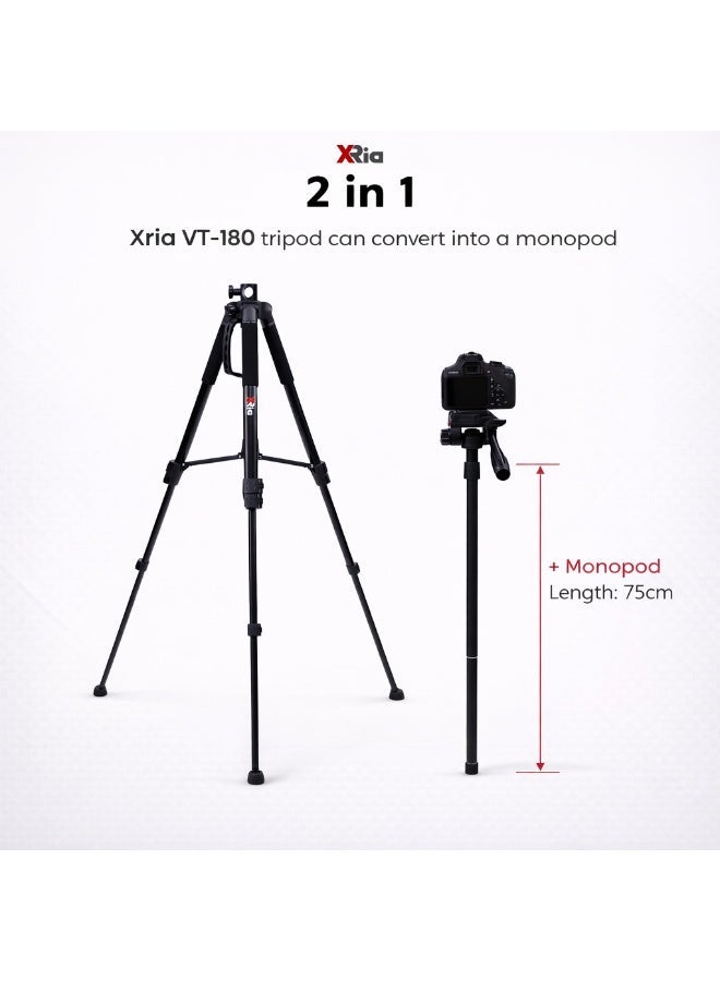 XRIA VT-180 Professional Camera Tripod 183cm with Horizontal Center Column & Monopod, Heavy Duty Aluminum Tripod for DSLR & Mirrorless Cameras, Video Recording, Product Photography, YouTube, Live Streaming & Travel - Image 3
