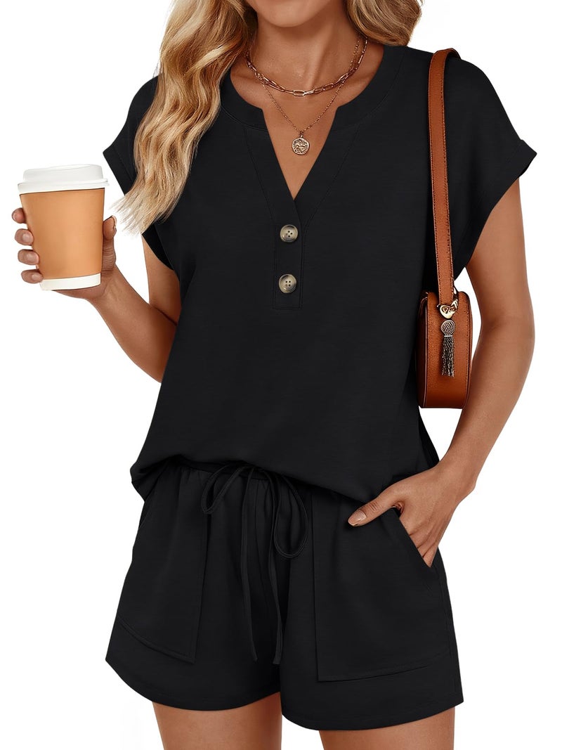 LILLUSORY Womens Henley 2 Piece Short Sets Summer 2026 Lounge Spring Beach Airport Travel Vacation Outfits Matching Sweatsuit Black XL - Image 1