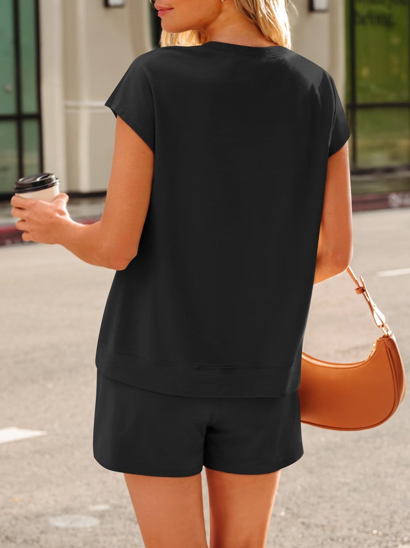 LILLUSORY Womens Henley 2 Piece Short Sets Summer 2026 Lounge Spring Beach Airport Travel Vacation Outfits Matching Sweatsuit Black XL - Image 4