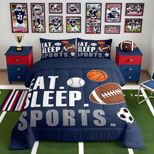 Feelyou Football Comforter Set Queen Size Kids Basketball Baseball Soccer Comforter for Boys Girls Sports Theme Bedding Set Breathable Soft Navy Blue Duvet Quilted Ball Game Room Decor - Image 1