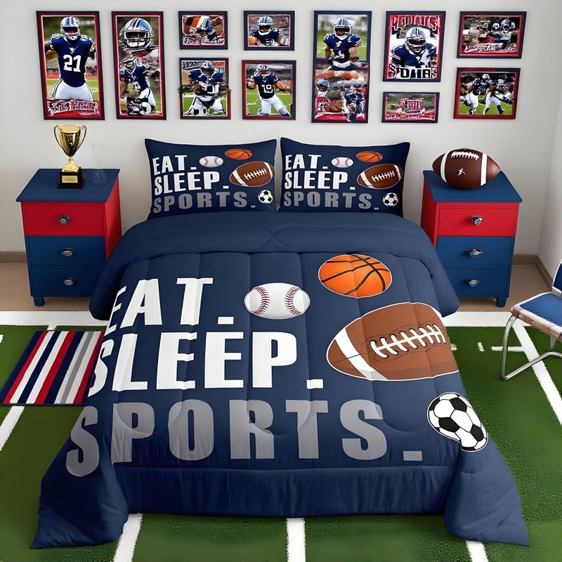 Feelyou Football Comforter Set Queen Size Kids Basketball Baseball Soccer Comforter for Boys Girls Sports Theme Bedding Set Breathable Soft Navy Blue Duvet Quilted Ball Game Room Decor - Image 2