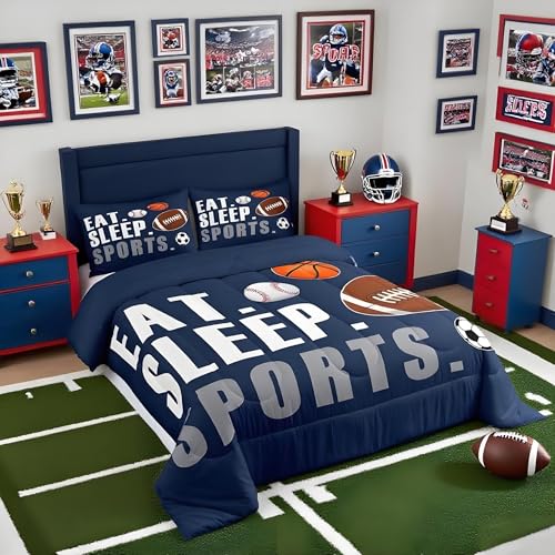 Feelyou Football Comforter Set Queen Size Kids Basketball Baseball Soccer Comforter for Boys Girls Sports Theme Bedding Set Breathable Soft Navy Blue Duvet Quilted Ball Game Room Decor - Image 3