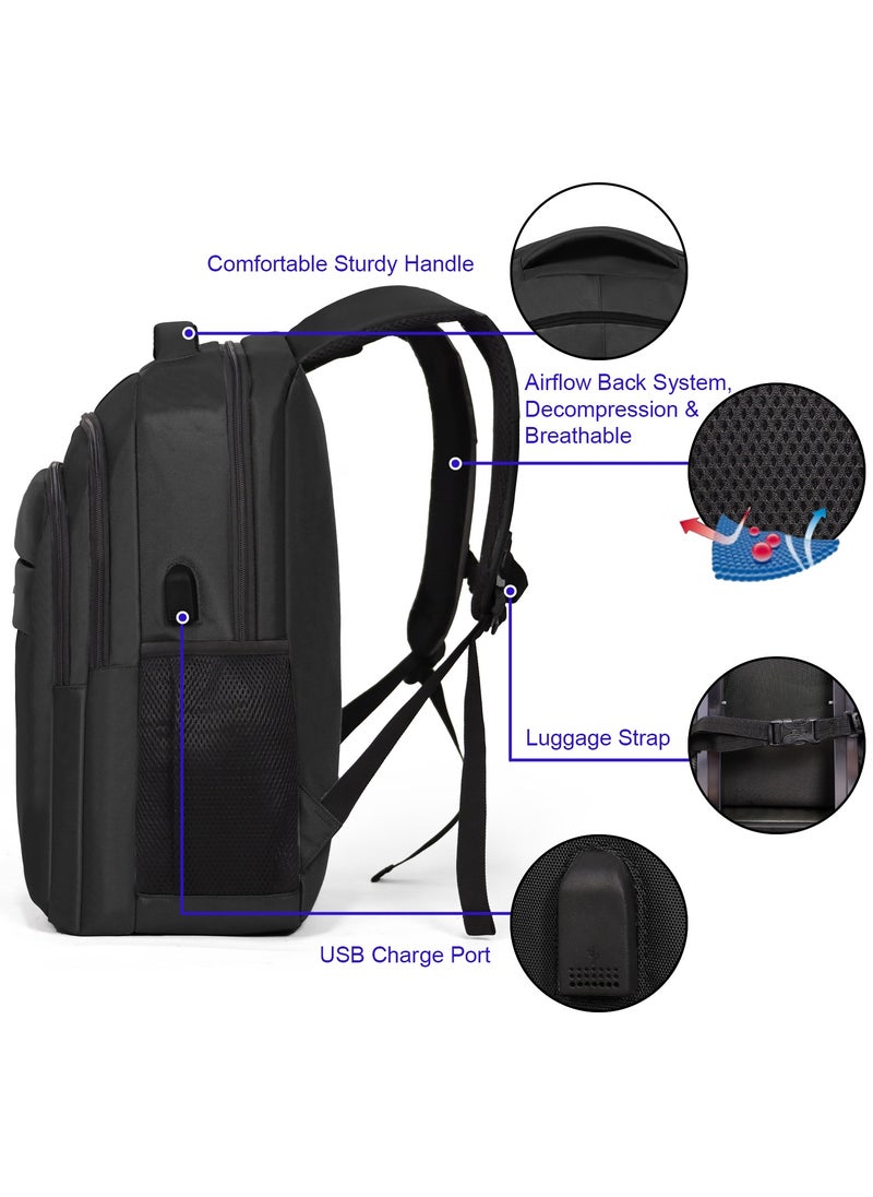 Aklsvion Laptop Backpack, Durable Polyester, Laptop Compartment, Adjustable Strap, Front & Side Pockets, Usb Charging Port Travel Flight Business and School Black  - Image 3