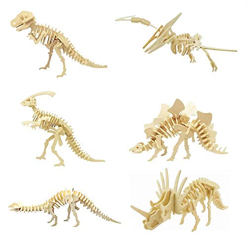 iCHONY 3D Wooden Dinosaur Puzzle 6 Piece Set Wood Dinosaur Skeleton Model Puzzle DIY Wooden Crafts 3D Puzzle STEM Toys Brain Teaser Puzzle Gifts - Image 1