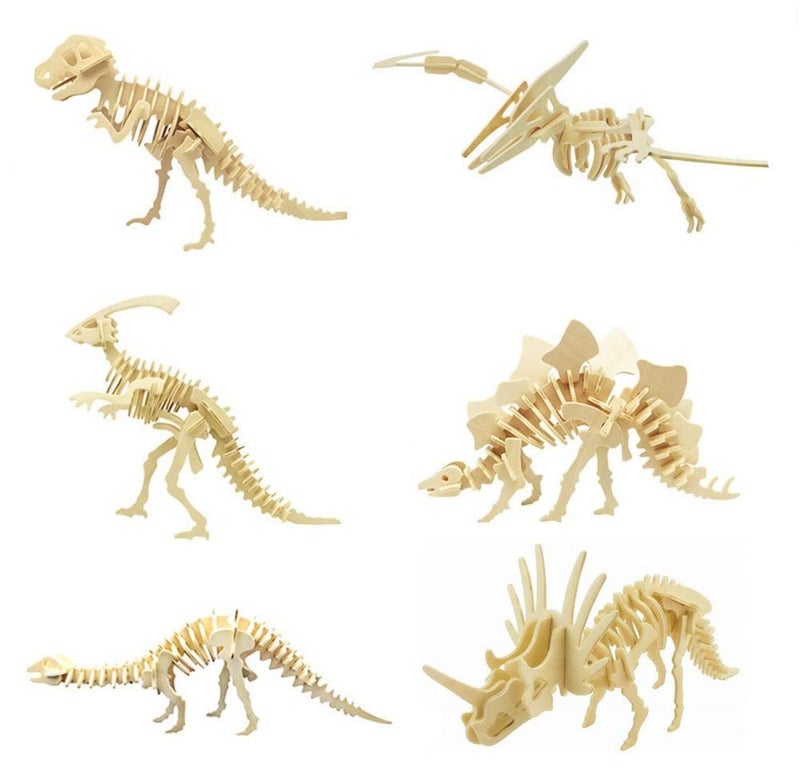 iCHONY 3D Wooden Dinosaur Puzzle 6 Piece Set Wood Dinosaur Skeleton Model Puzzle DIY Wooden Crafts 3D Puzzle STEM Toys Brain Teaser Puzzle Gifts - Image 2