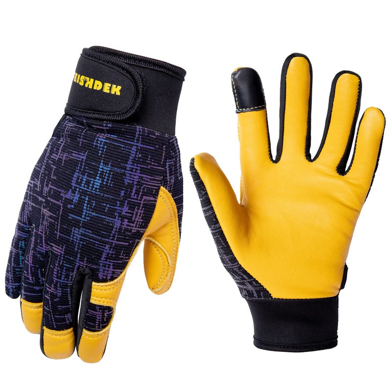 FEISHDEK Kids Genuine Leather Work Gloves, Safety Gloves, Touch Screen, Reflective, Breathable Design, for Children Age 3-12 (Medium (6-8 Years Old), Black) - Image 1