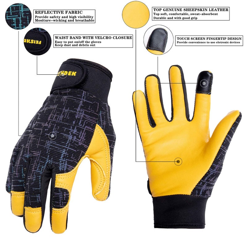 FEISHDEK Kids Genuine Leather Work Gloves, Safety Gloves, Touch Screen, Reflective, Breathable Design, for Children Age 3-12 (Medium (6-8 Years Old), Black) - Image 5