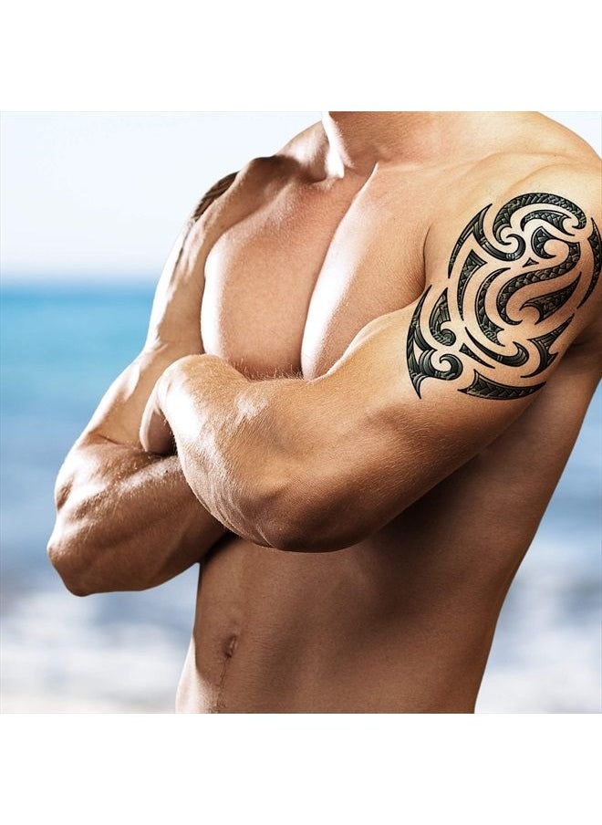 Weekend Tattoos - 4 Pack Stick on black temporary tattoo maui tribal body art sticker transfer for arms shoulder aztec polynesian samoan hawaiian for adult men and women (4 x all tribal tattoo designs) - Image 1