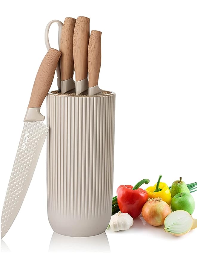 Raxoom Knife Set, Retrosohoo 6-Pieces Khaki Sharp Knife Set for Kitchen, Non-stick Non-slip Stainless Steel Chef Knife Set with Universal Knife Block Suitable for Home Restaurant (Khaki) - Image 1