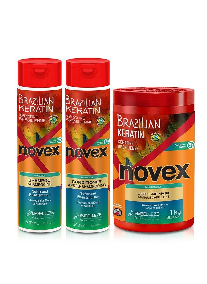NOVEX Shampoo 10.1Oz + Conditioner 10.1Oz + Mask 35Oz Set (Brazilian Keratin)  - Image 1