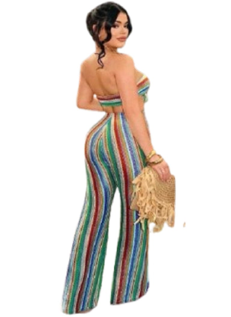 MANIKAN MANIKAN Women’s Jumpsuit Mesh Striped with Bright Colors Short Top with Front Tie and Wide Leg Pants  - Image 2