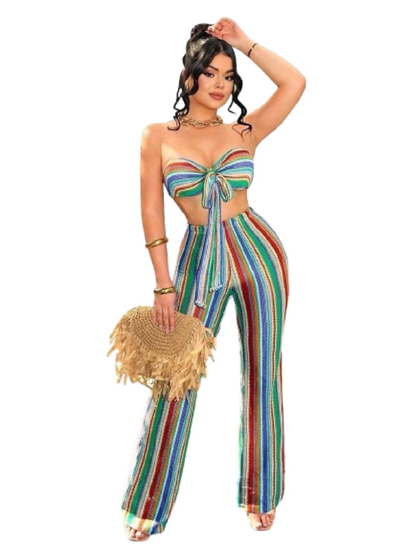 MANIKAN MANIKAN Women’s Jumpsuit Mesh Striped with Bright Colors Short Top with Front Tie and Wide Leg Pants  - Image 1