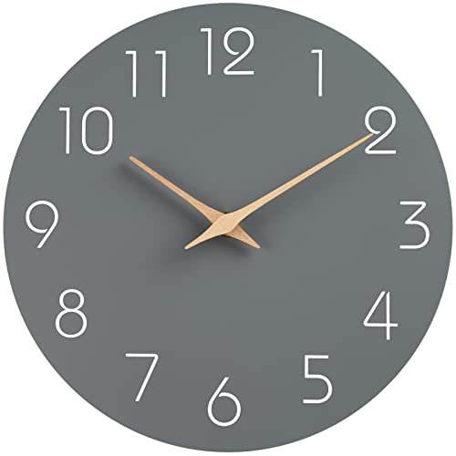 Mosewa Wall Clock 14 Inch Gray Battery Operated Silent Non Ticking Simple Modern Wood Clock Decorative for Bedroom Living Room Kitchen Home Office