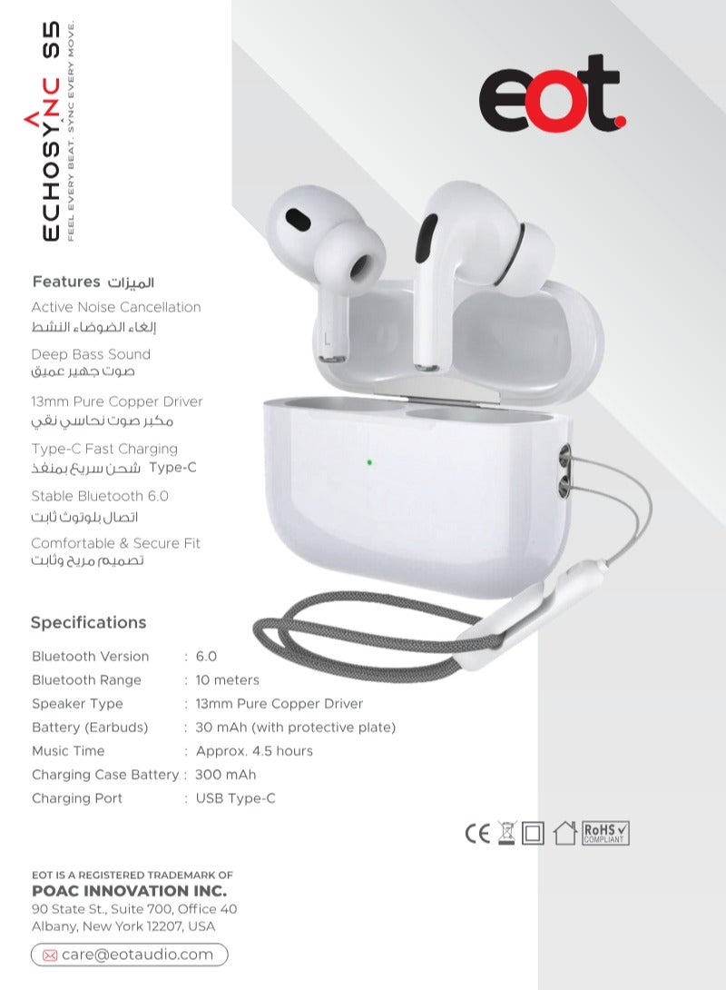 eot EchoSync S5 In-Ear Wireless Earbuds, ANC Noise Cancellation,13mm Pure Copper Driver, Deep Bass Sound, Bluetooth earphones with Free Protective Case - Image 3