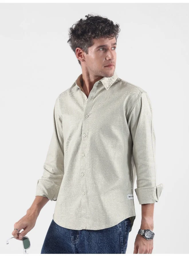 Beyoung Pastle Green Textured Cotton Shirt