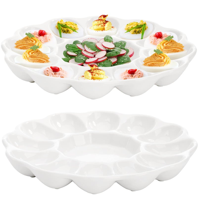 Hedume 2Pack Ceramic Deviled Egg Platter Tray 12Cup Egg Dish Refrigerator to Countertop Display Dishwasher Microwave Freezer Safe