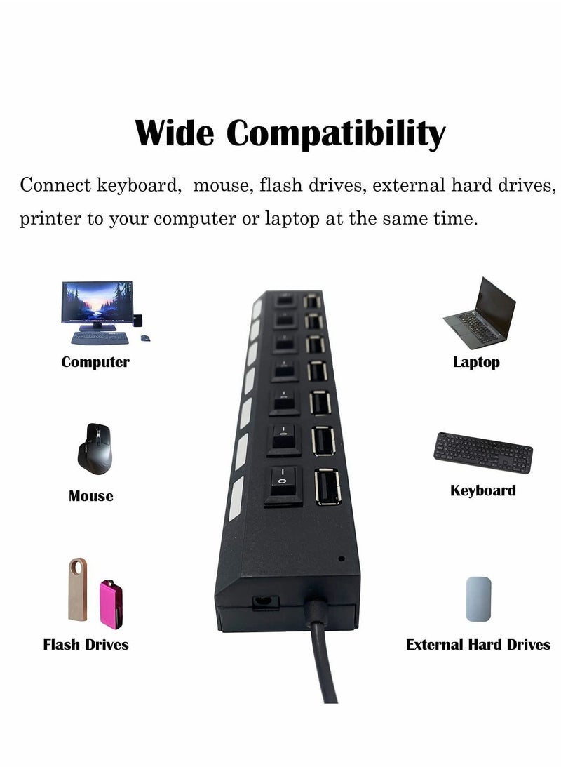 Y&D - Multi Port USB Hub Splitter, 7-Port 2.0 for Laptop, Expander with On/Off Individual Switch Compatible All Device (Black) - Image 1