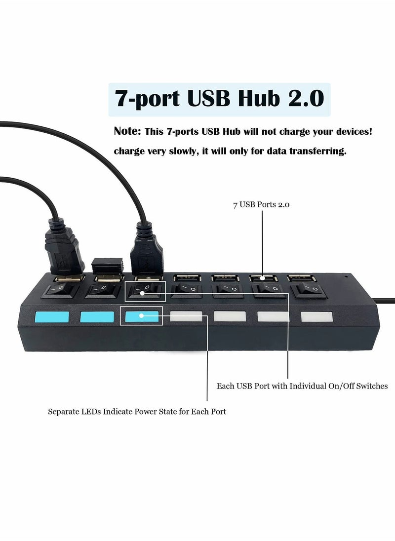 Y&D - Multi Port USB Hub Splitter, 7-Port 2.0 for Laptop, Expander with On/Off Individual Switch Compatible All Device (Black) - Image 1