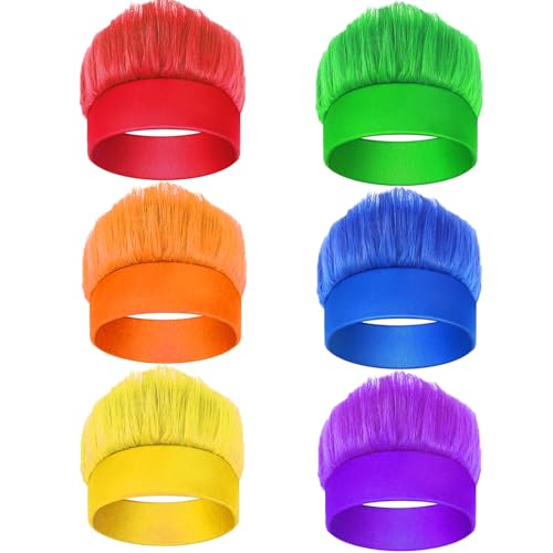 Popuid 6Pcs Hairy Headbands Flowy Funny Crazy Hair Spirit Week Accessories Cheering Headwear Costume Adult Mixed Colors - Image 1