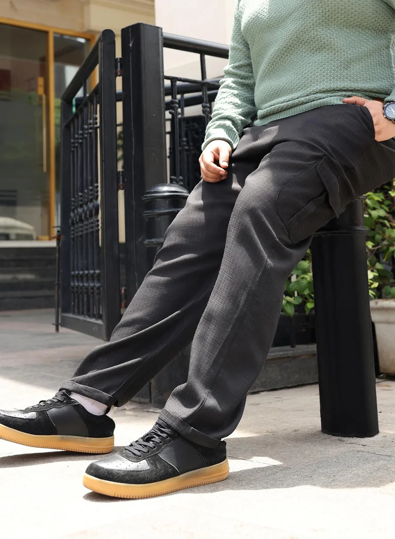 Instafab Plus Instafab Plus Men Pleated-Dobby Cargo Trousers | Mid-Rise , Side Elasticated Stretch | Button Closure , Cuffed-Straight Hem | Solid Dobby | Woven Fabric For Casual & Daily Wear | Onyx Black