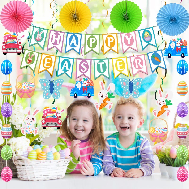 Yunfan 32Pcs Easter Decorations Easter Decor Happy Easter Banner Egg Bunny Garland Hanging Swirl for Home Office School Classroom Themed Party Decorations - Image 5