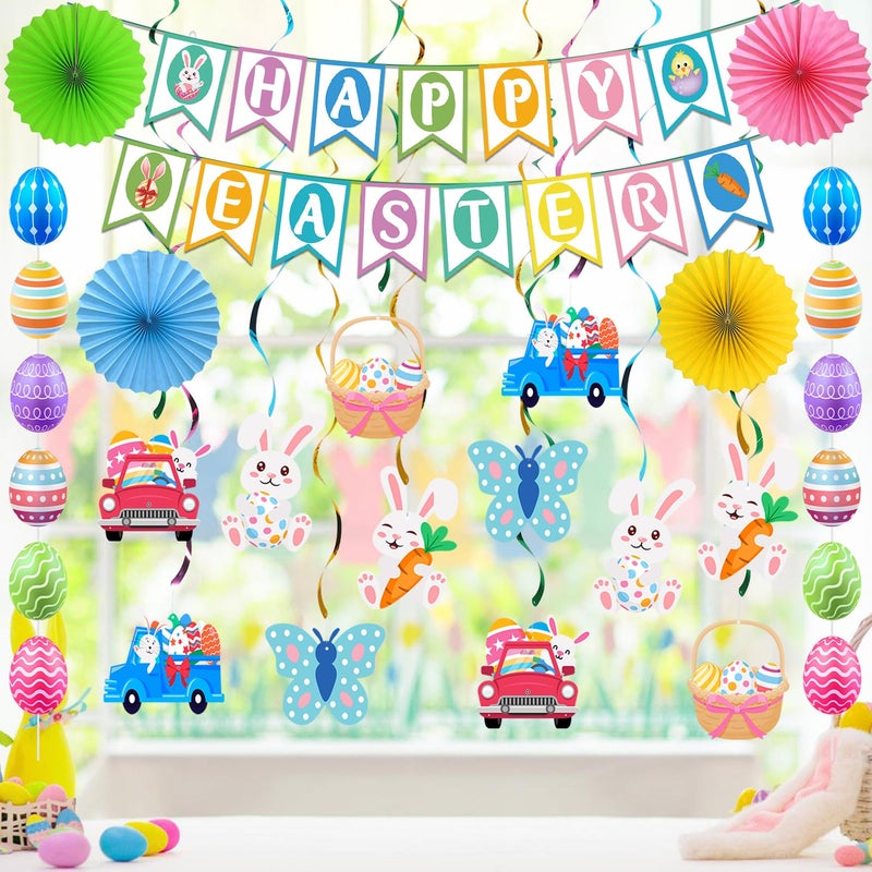 Yunfan 32Pcs Easter Decorations Easter Decor Happy Easter Banner Egg Bunny Garland Hanging Swirl for Home Office School Classroom Themed Party Decorations - Image 2