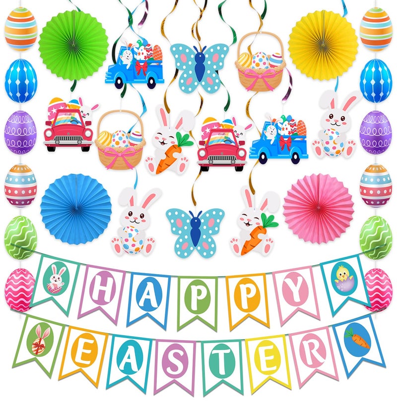Yunfan 32Pcs Easter Decorations Easter Decor Happy Easter Banner Egg Bunny Garland Hanging Swirl for Home Office School Classroom Themed Party Decorations - Image 1