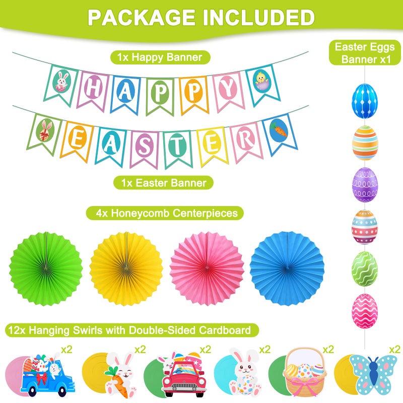 Yunfan 32Pcs Easter Decorations Easter Decor Happy Easter Banner Egg Bunny Garland Hanging Swirl for Home Office School Classroom Themed Party Decorations - Image 3