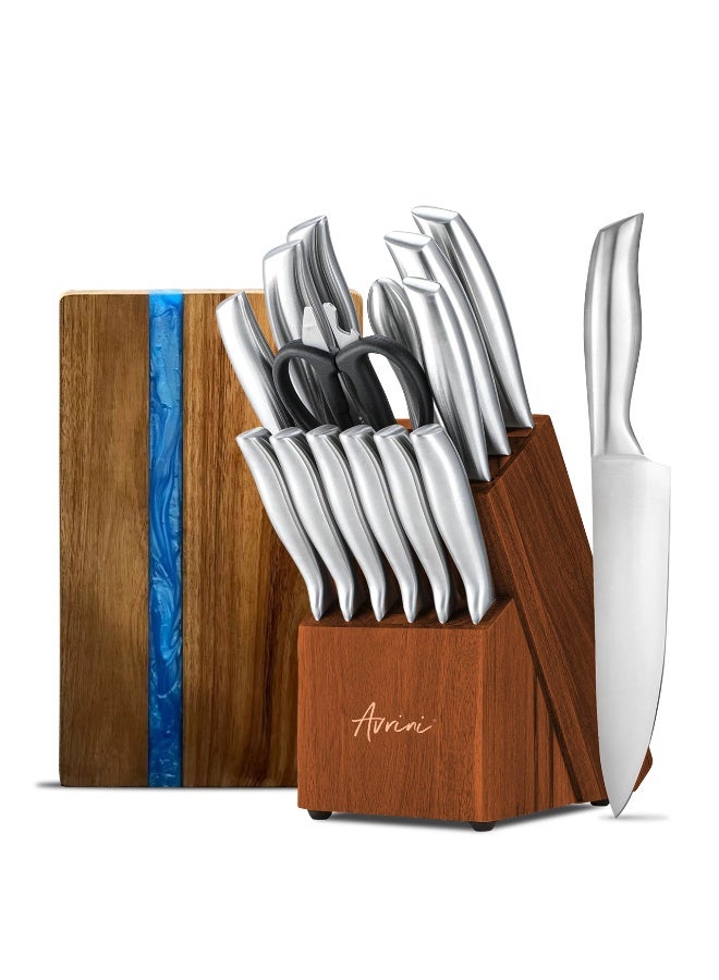 افريني طقم سكاكين للمطبخ مع لوح تقطيع، طقم سكاكين مطبخ مكون من 15 قطعة، طقم سكاكين طهاة فائق الحدة للمطبخ، طقم سكاكين من الفولاذ المقاوم للصدأ عالي الكربون مع حامل ومبراة - Image 1