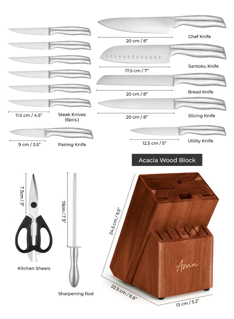 افريني طقم سكاكين للمطبخ مع لوح تقطيع، طقم سكاكين مطبخ مكون من 15 قطعة، طقم سكاكين طهاة فائق الحدة للمطبخ، طقم سكاكين من الفولاذ المقاوم للصدأ عالي الكربون مع حامل ومبراة - Image 2