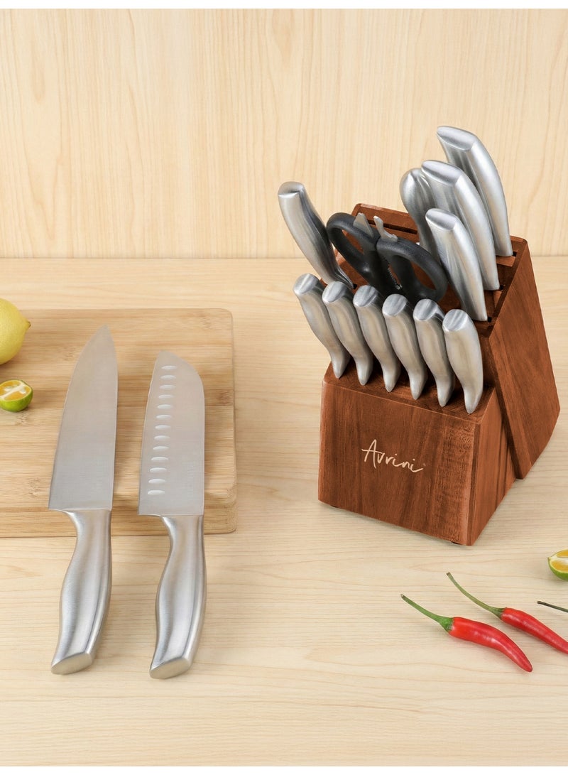 افريني طقم سكاكين للمطبخ مع لوح تقطيع، طقم سكاكين مطبخ مكون من 15 قطعة، طقم سكاكين طهاة فائق الحدة للمطبخ، طقم سكاكين من الفولاذ المقاوم للصدأ عالي الكربون مع حامل ومبراة - Image 5